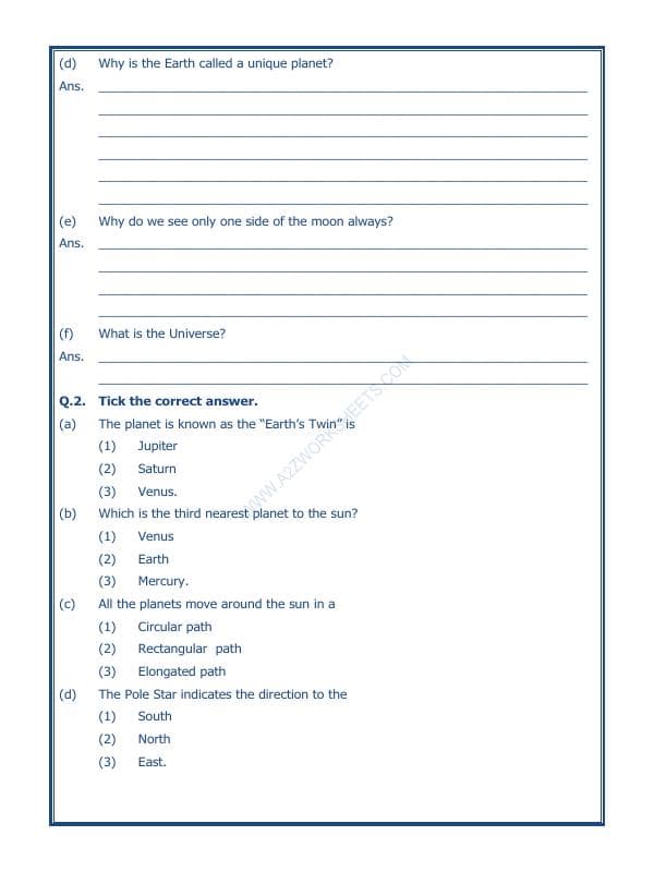 A2ZWorksheets:General Awareness-Solar System and Our Universe-The Earth In The Solar System-01