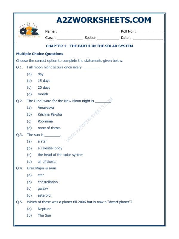 A2ZWorksheets:General Awareness-Solar System and Our Universe-The Earth In The Solar System-02