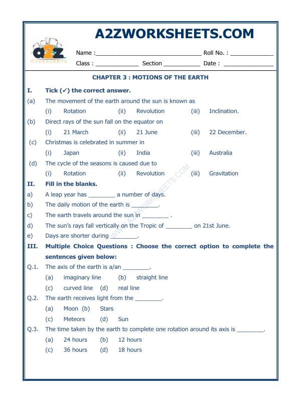 A2ZWorksheets:General Awareness-Solar System and Our Universe-Motions Of The Earth-02