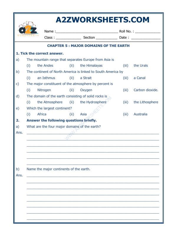 A2ZWorksheets:General Awareness-Solar System and Our Universe-Major Domains Of The Earth-01