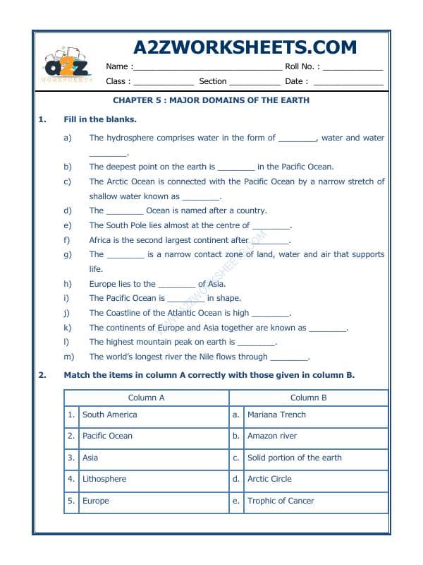 A2ZWorksheets:General Awareness-Solar System and Our Universe-Major Domains Of The Earth-03