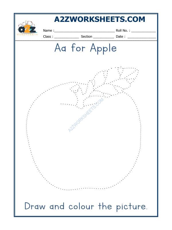 A2ZWorksheets:English-Recognition-A For Apple Colouring Sheets