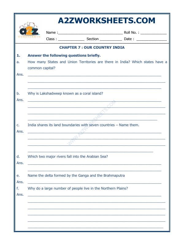 A2ZWorksheets:General Awareness-India and Its Neighbouring Countries-Our Country India-01