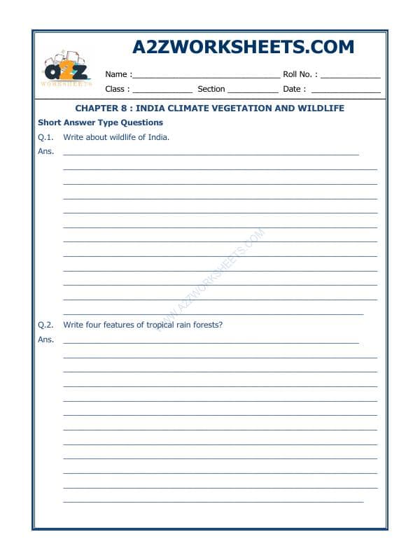 A2ZWorksheets:General Awareness-India and Its Neighbouring Countries-India Climate Vegetation And Wildlife-03