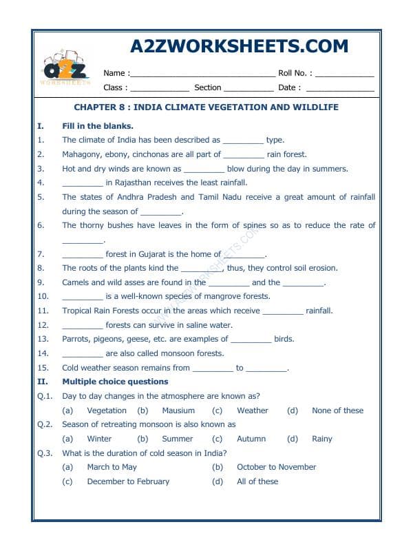 A2ZWorksheets:General Awareness-India and Its Neighbouring Countries-India Climate Vegetation And Wildlife-06