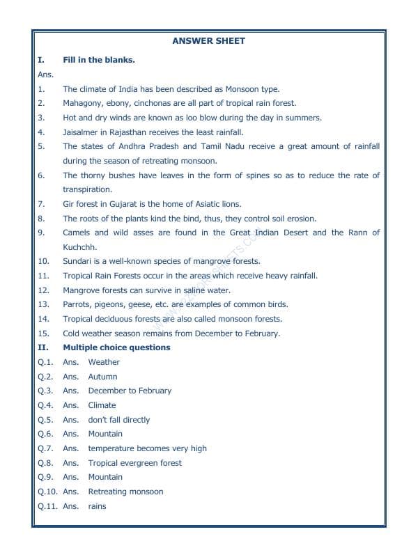 A2ZWorksheets:General Awareness-India and Its Neighbouring Countries-India Climate Vegetation And Wildlife-06