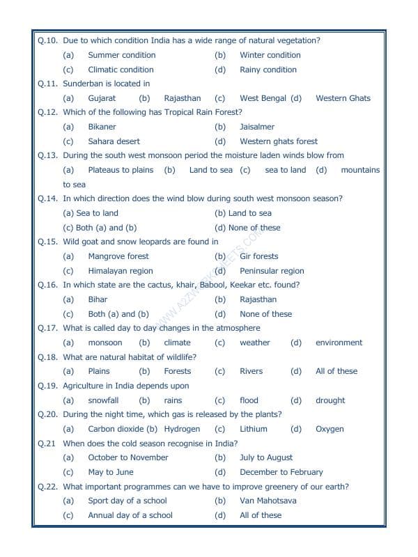 A2ZWorksheets:General Awareness-India and Its Neighbouring Countries-India Climate Vegetation And Wildlife-07