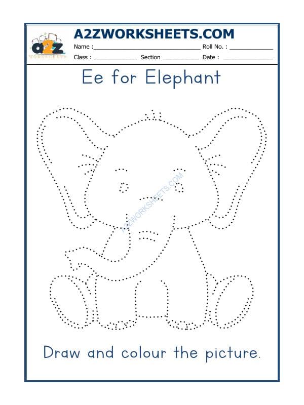 A2ZWorksheets:English-Recognition-E For Elephant Coloring Sheet