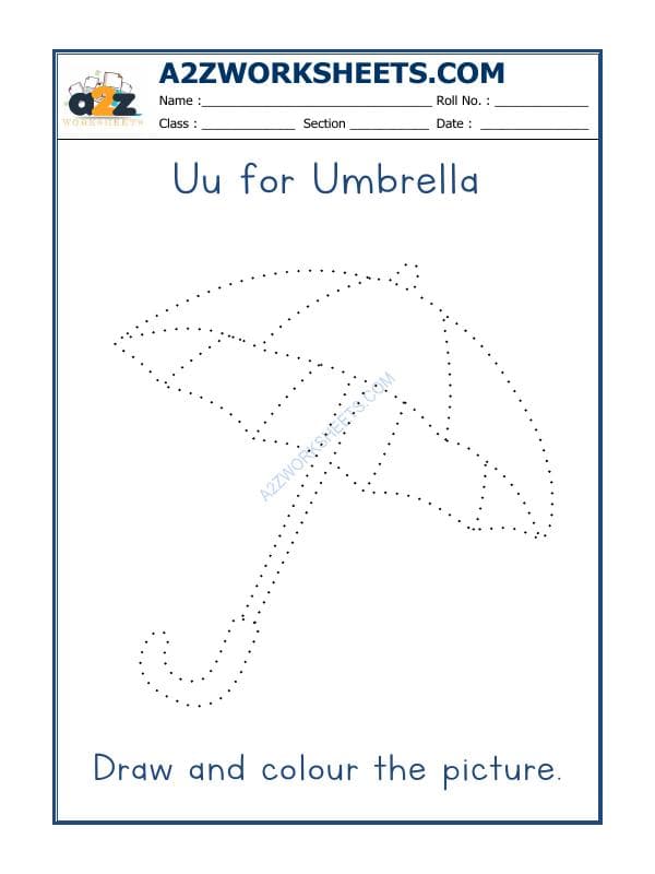 A2ZWorksheets:English-Recognition-U For Umbrella Colouring Sheet