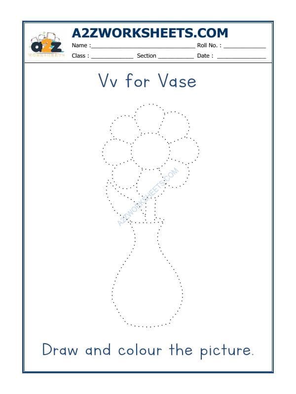 A2ZWorksheets:English-Recognition-V For Vase Colouring Sheet