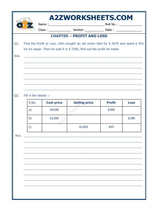 A2ZWorksheets:Maths-Measurement-Profit And Loss-03