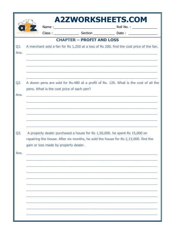 A2ZWorksheets:Maths-Measurement-Profit And Loss-04