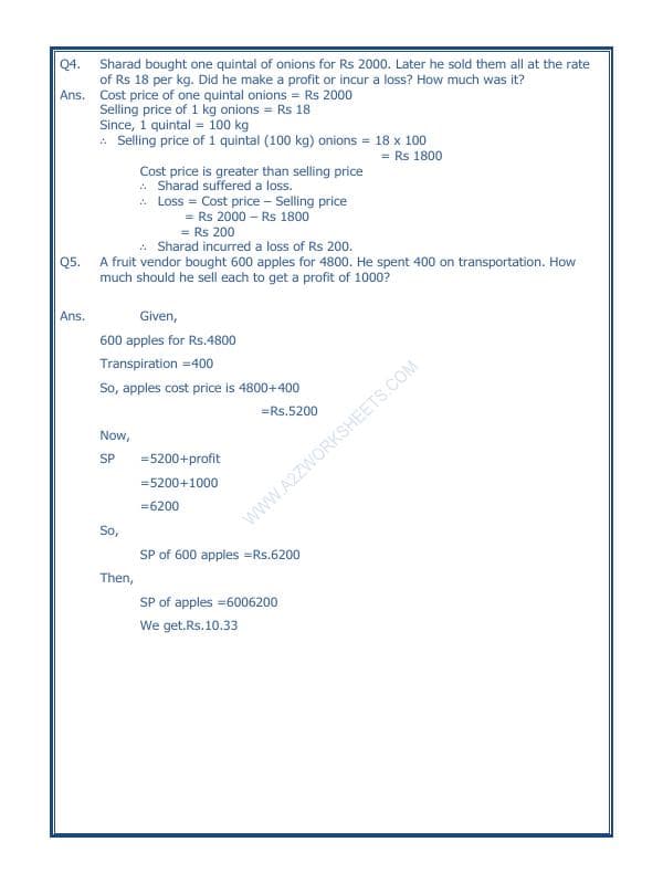 A2ZWorksheets:Maths-Measurement-Profit And Loss-06