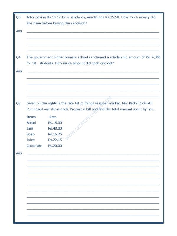A2ZWorksheets:Maths-Data Handling-Preparing Bills - 01