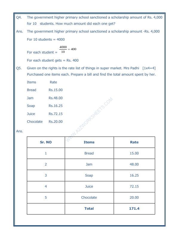 A2ZWorksheets:Maths-Data Handling-Preparing Bills - 01