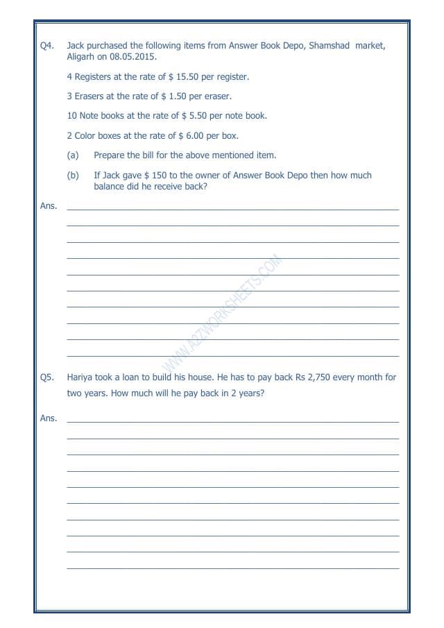 A2ZWorksheets:Maths-Data Handling-Preparing Bills - 03