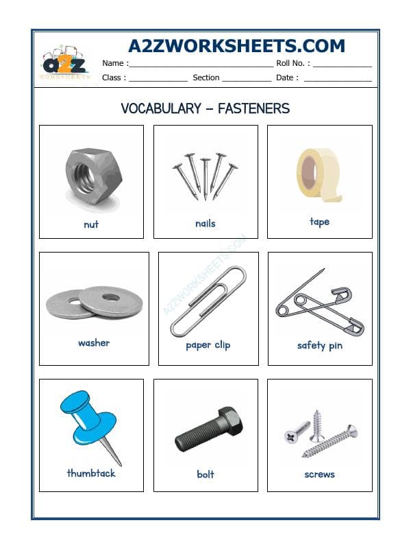 A2ZWorksheets:English-Reading-Vocabulary Worksheets -Fasteners