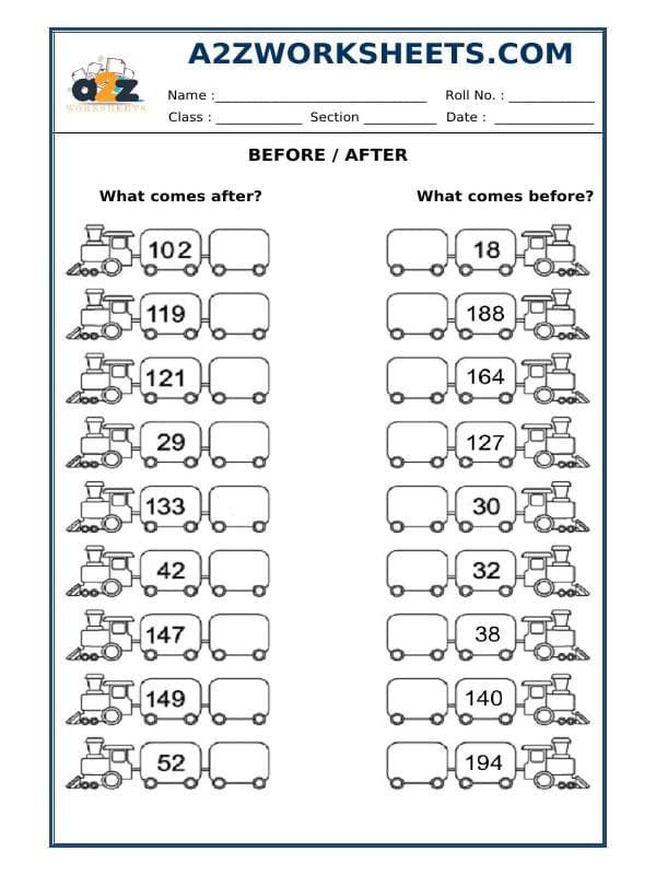 A2ZWorksheets:Maths-Numbers-Before And After