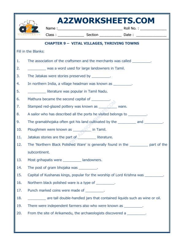 A2ZWorksheets:General Awareness-Our History and Heritage-Vital Villages, Thriving Towns-12