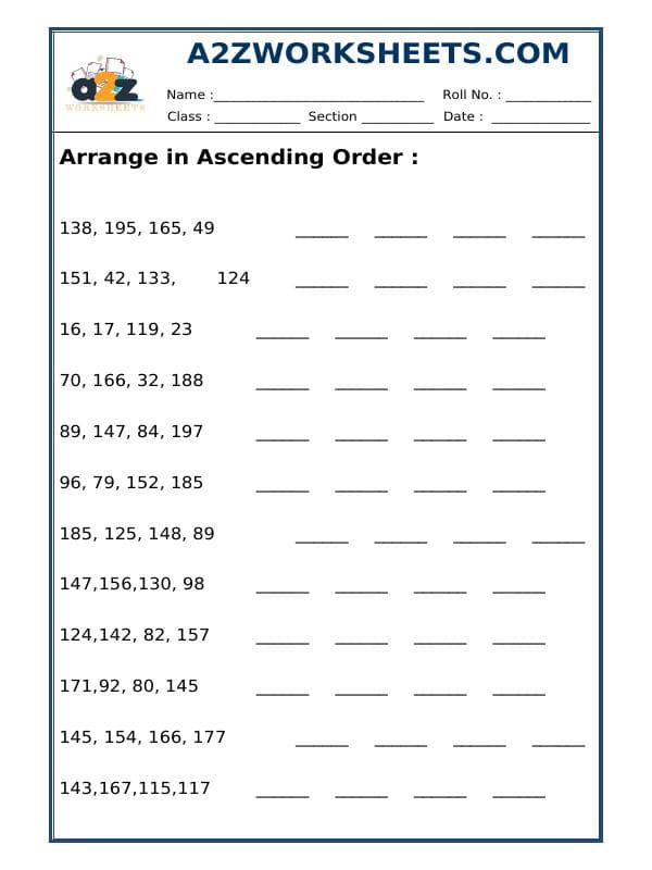 A2ZWorksheets:Maths-Numbers-Ascending Order