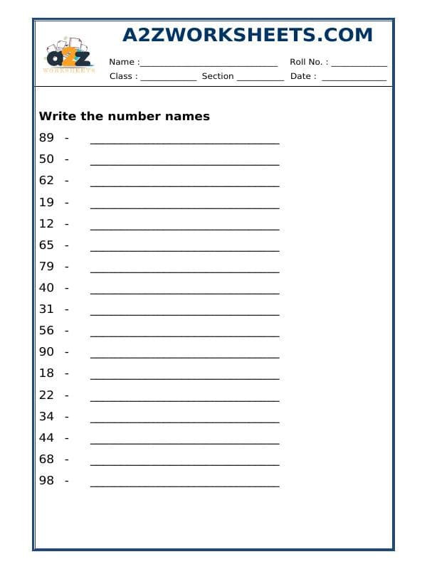 A2ZWorksheets:Maths-Numbers-Number Names