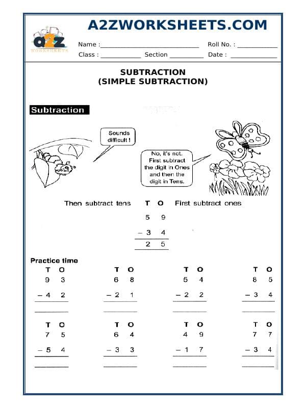 A2ZWorksheets:Maths-Subtraction-Subtraction (Simple Subtraction)
