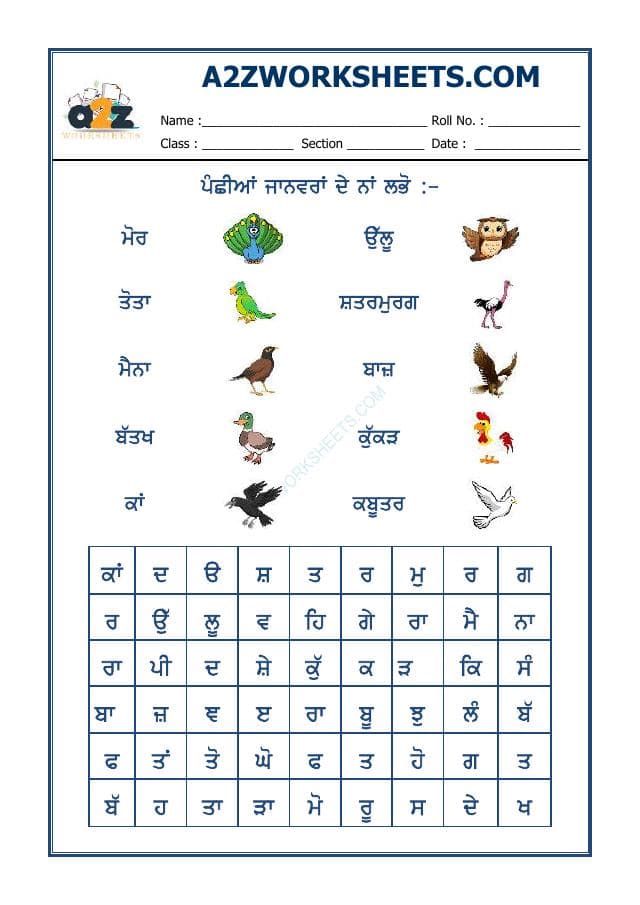 A2ZWorksheets:Language-Punjabi-Punjabi Word Search-Birds Name