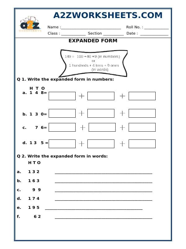 A2ZWorksheets:Maths-Numbers-Expanded Form