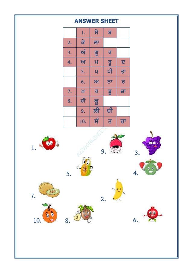 A2ZWorksheets:Language-Punjabi-Punjabi Cross Words - Fruits Name