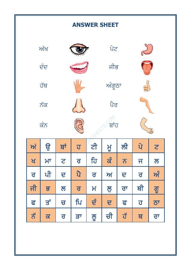 A2ZWorksheets:Language-Punjabi-Punjabi Word Search - Parts Of Body