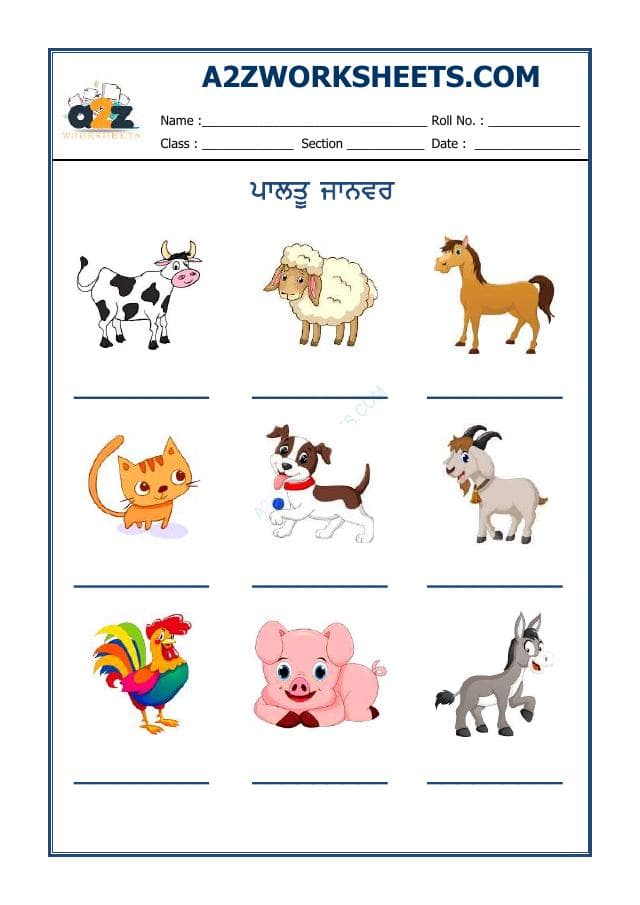 A2ZWorksheets:Language-Punjabi-Punjabi Worksheet- Pet Animals Name