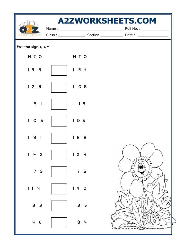 A2ZWorksheets:Maths-Numbers-Put The Sign Greater, Lesser And Equal To