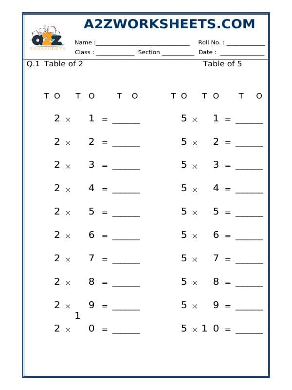 A2ZWorksheets:Maths-Multiplication-Tables 2 And 5