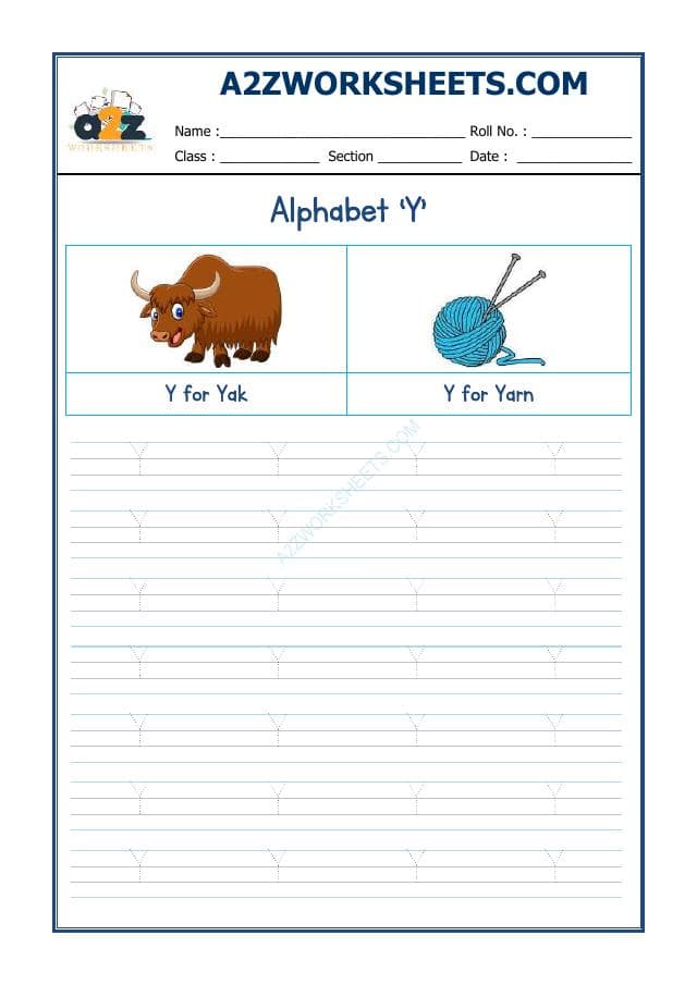 A2ZWorksheets:English-Writing-English Alphabet 'Y'