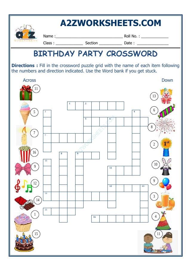 A2ZWorksheets:English-Reading-Cross Words-Birthday Party