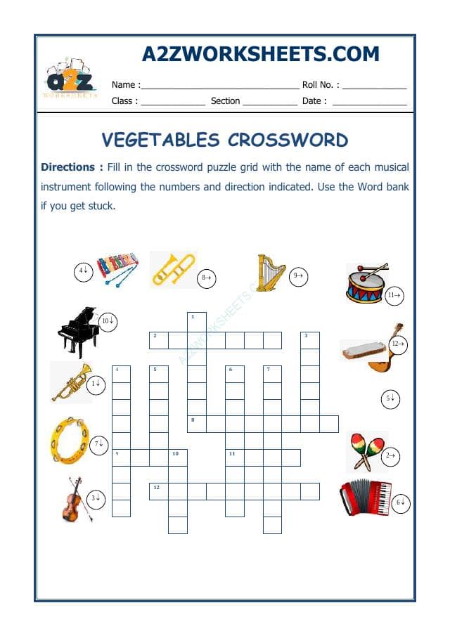 A2ZWorksheets:English-Reading-Cross Words-Musical Instruments