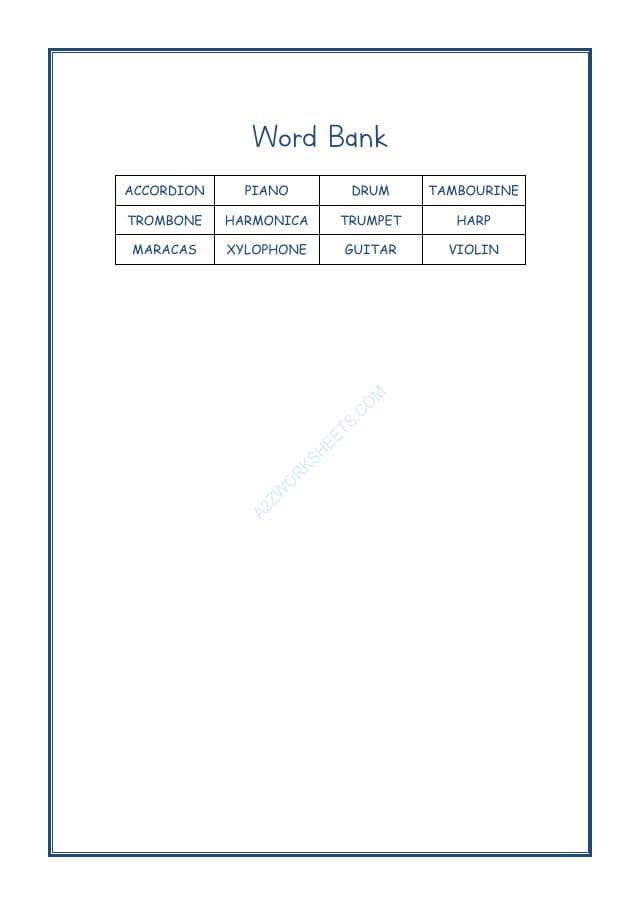 A2ZWorksheets:English-Reading-Cross Words-Musical Instruments