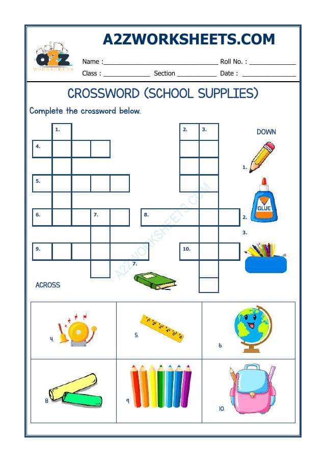 A2ZWorksheets:English-Reading-Cross Word - School Supplies