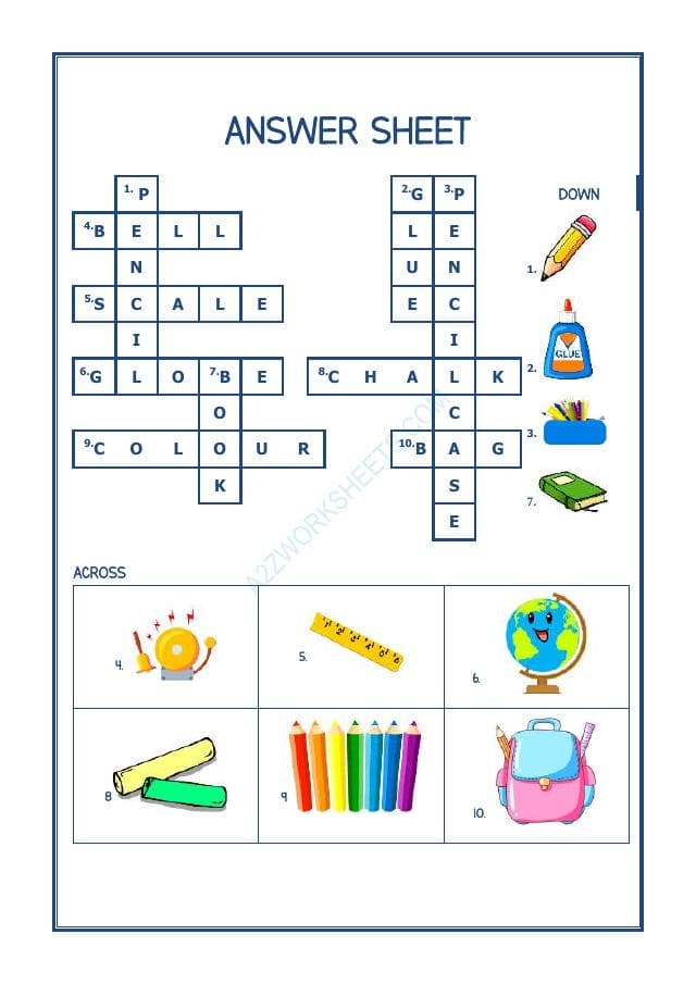 A2ZWorksheets:English-Reading-Cross Word - School Supplies