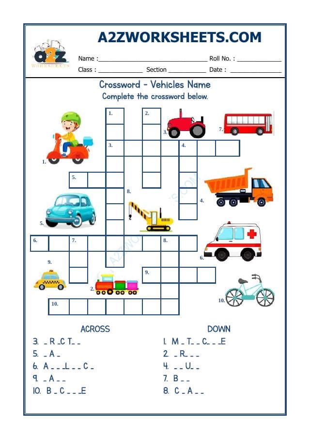 A2ZWorksheets:English-Reading-Cross Word - Vehicles Names