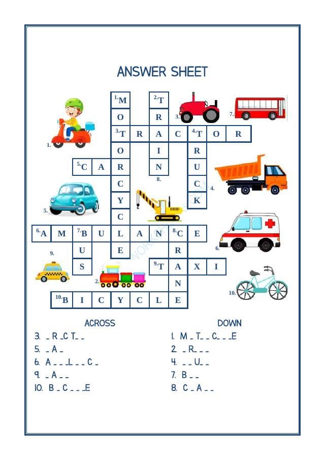 A2ZWorksheets:English-Reading-Cross Word - Vehicles Names