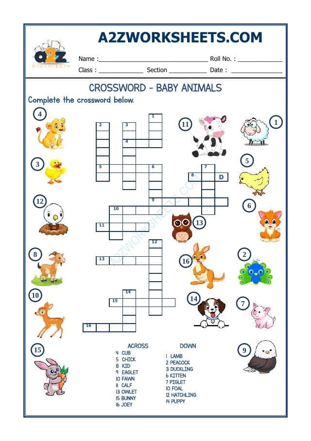 A2ZWorksheets:English-Reading-Cross Word -Baby Animals
