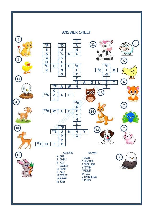 A2ZWorksheets:English-Reading-Cross Word -Baby Animals