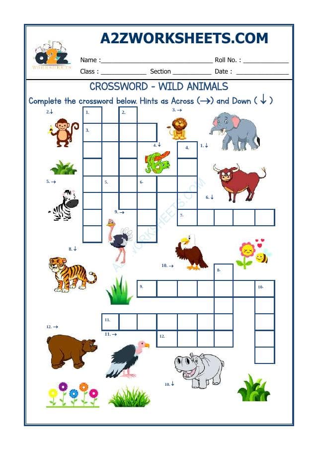 A2ZWorksheets:English-Reading-Cross Word -Wild Animals