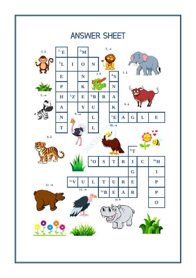 A2ZWorksheets:English-Reading-Cross Word -Wild Animals