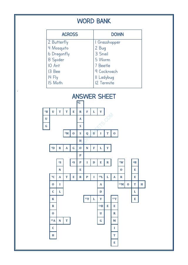 A2ZWorksheets:English-Reading-Crossword-Insects Name