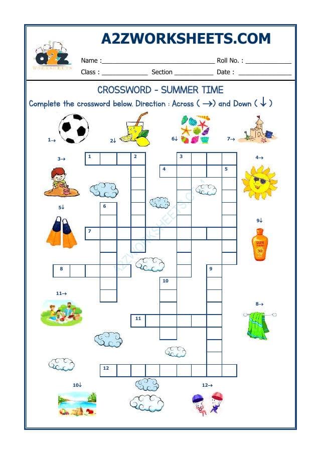 A2ZWorksheets:English-Reading-Cross Word -Summer Time