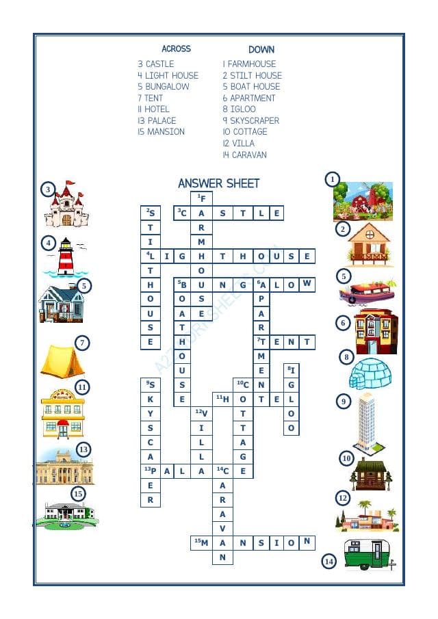 A2ZWorksheets:English-Reading-Cross Word -Types Of Houses