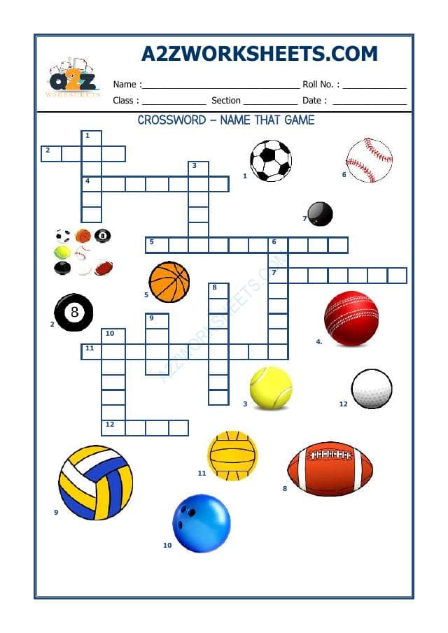 A2ZWorksheets:English-Reading-Crossword -Name That Game