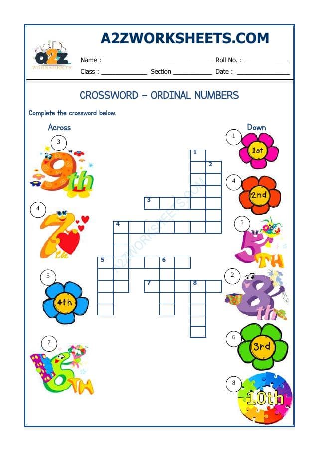A2ZWorksheets:English-Reading-Crossword -Ordinal Numbers (1-10)